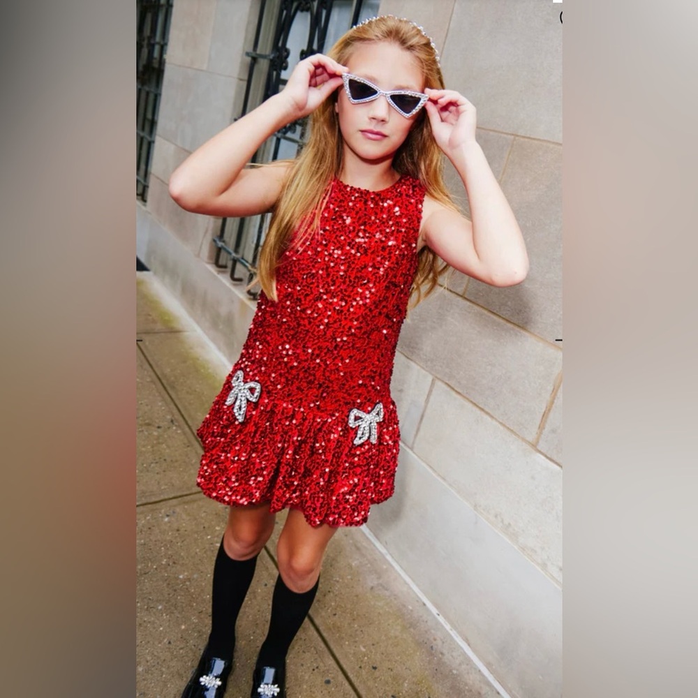 Lola & the Boys Ruby Bows Red Sequin Dress with Bow Accents